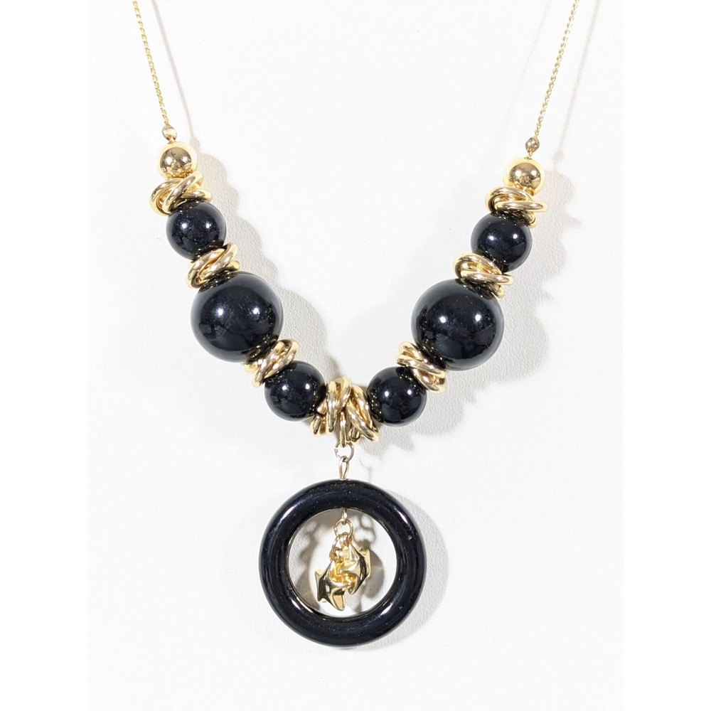 Retro Black Bead Star Charm Gold Tone Long Chain Statement Neckalce 30"
